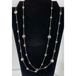 Long Silver Tone Multi-Strand Station Necklace with Faceted Hematite Style Beads